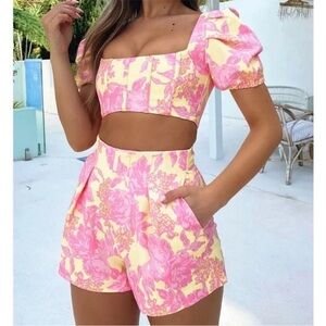 White Fox Boutique Pink and Yellow Floral Corset Top and Shorts